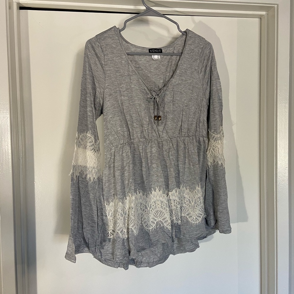 Grey Babydoll Shirt with Bell Sleeves